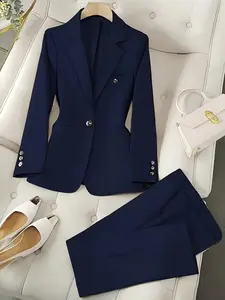 A set of women's casual navy blue suit jacket and pants, suitable for autumn and winter, suitable for home, indoor, and outdoor wear, Blazers