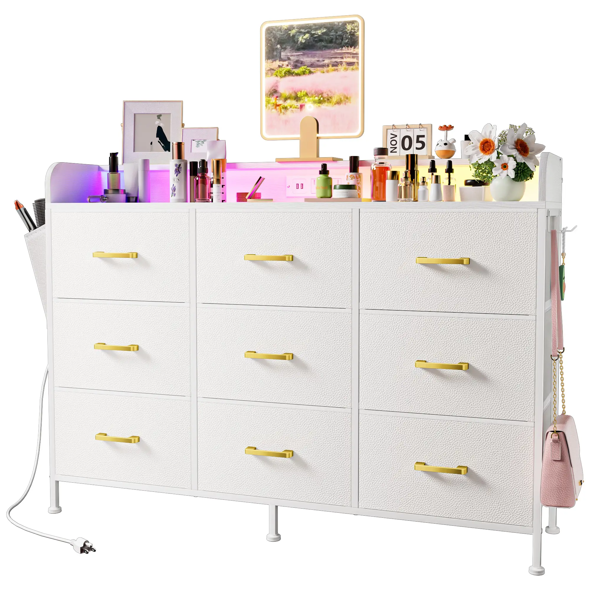 White Fabric Dresser for Bedroom, Bedroom Dresser with LED Lights and Charging Station, 9 Drawers Dresser, Tall Wide Fabric Chest of Drawers Storage O