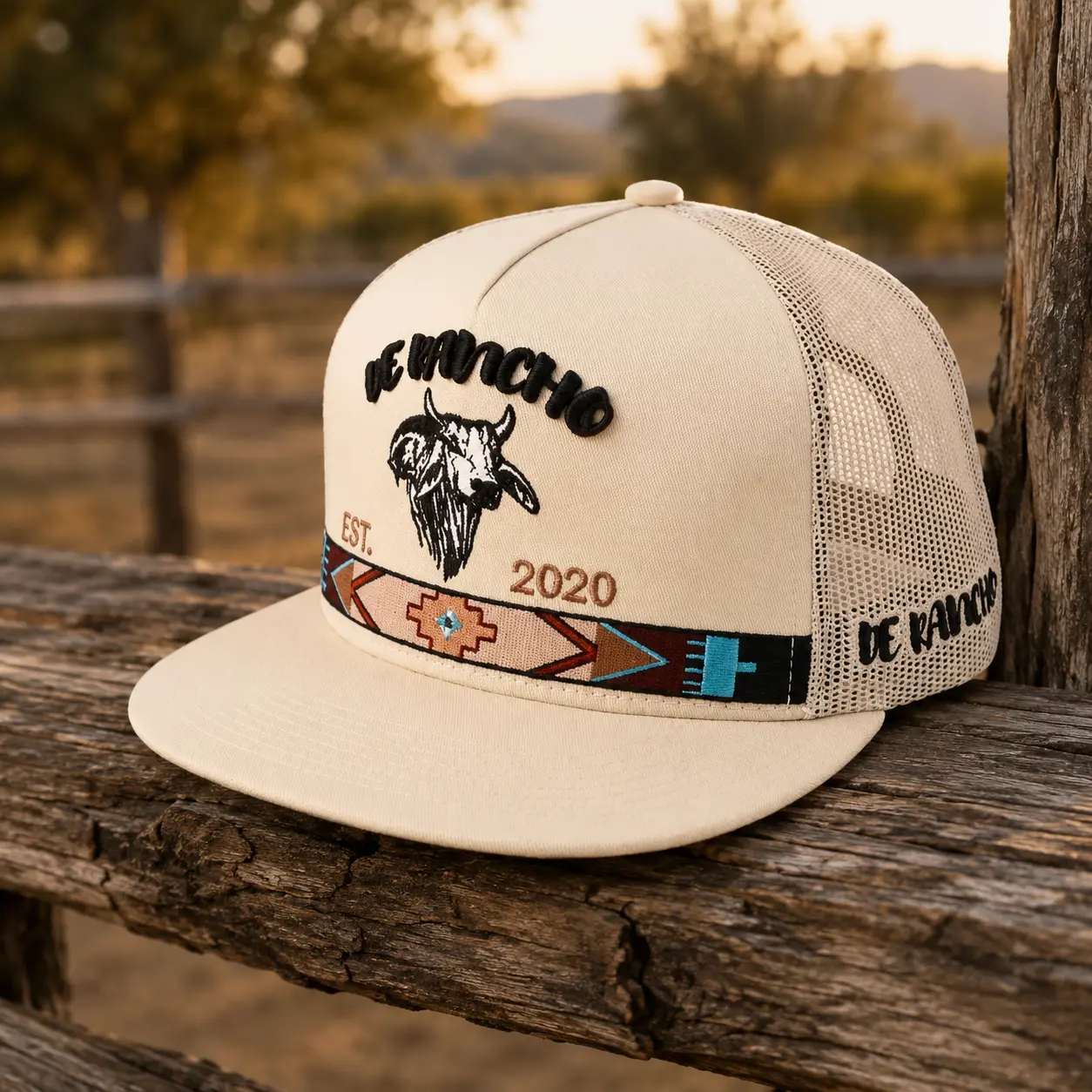 Western Ranch Trucker Hat, Bull Skull Embroidered Mesh Snapback Cap, Southwestern Aztec Cowboy Hat, Adjustable Western Baseball Cap for Men & Women