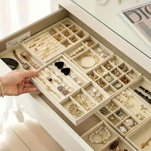 Velvet Jewelry Storage Rack, 4 Counts/set Multi Grid Compartments Display Board for Rings, Earrings, Bracelets, Necklaces, Brooches, Watches, Home Storage Organizer, Ring Holder