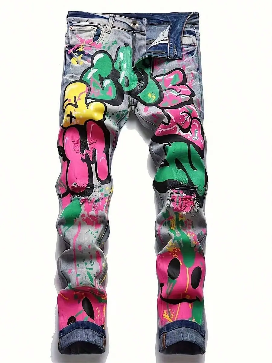 1pc Men'S Street Style Graffiti Print Denim Jeans, Slight Stretch, Regular Fit, All-Season, Woven, 3D Print, Washed Striped Pattern, Regular Length