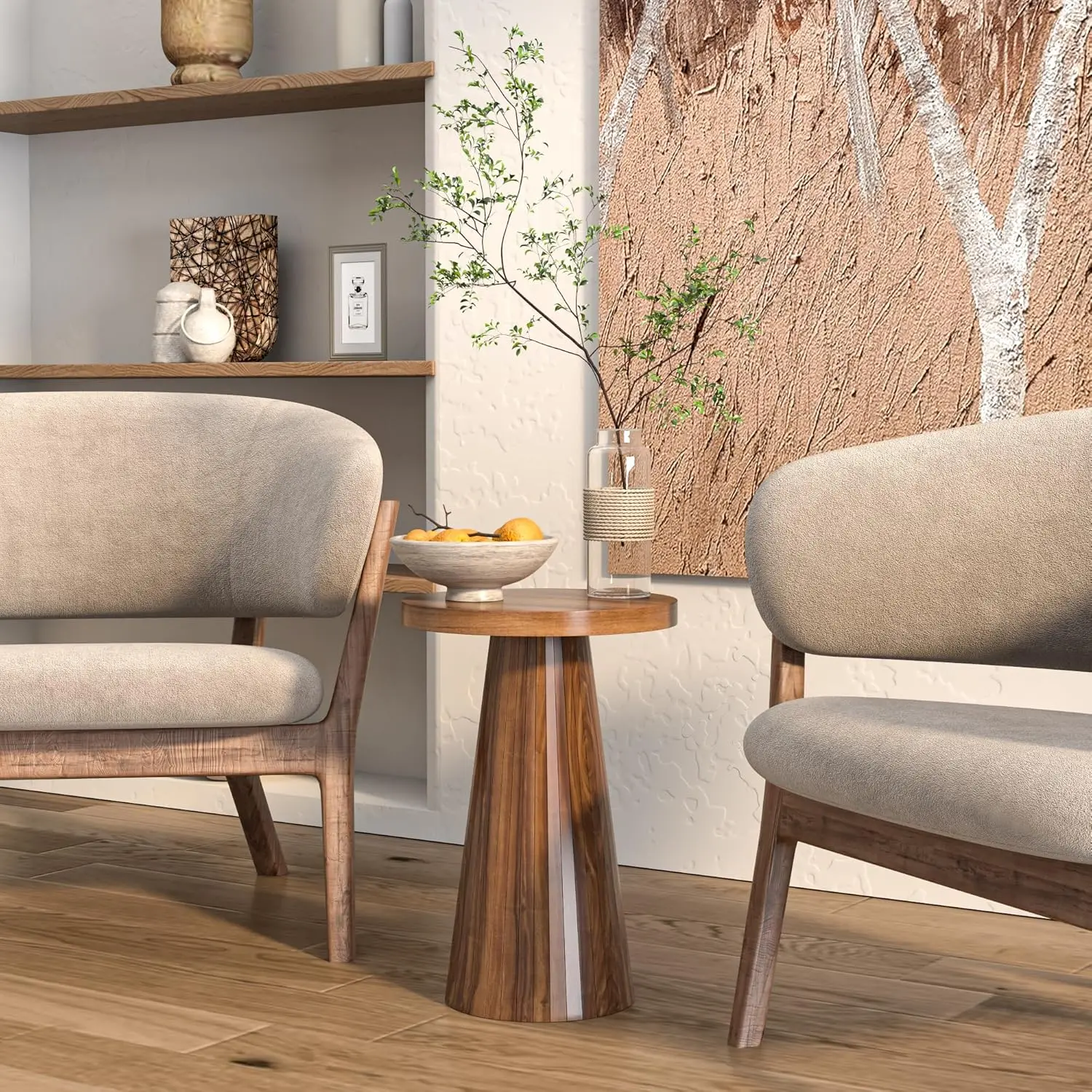 LUVIOHOME Mid-Century Modern Round Fluted Edge Accent Table - Compact 1.2" Slim Form Portable Flat-Top Wood-Tone Indoor Pedestal Furniture, 3-Minute Setup, Living Room Decor for Living Room,Bedroom