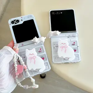for Samsung Galaxy Z FLIP 7 6 5 4 3 flip7 FE flip6 Rope Strap Pendant Fold Phone Case Cute Animal Kitten Holder Shockproof Cover