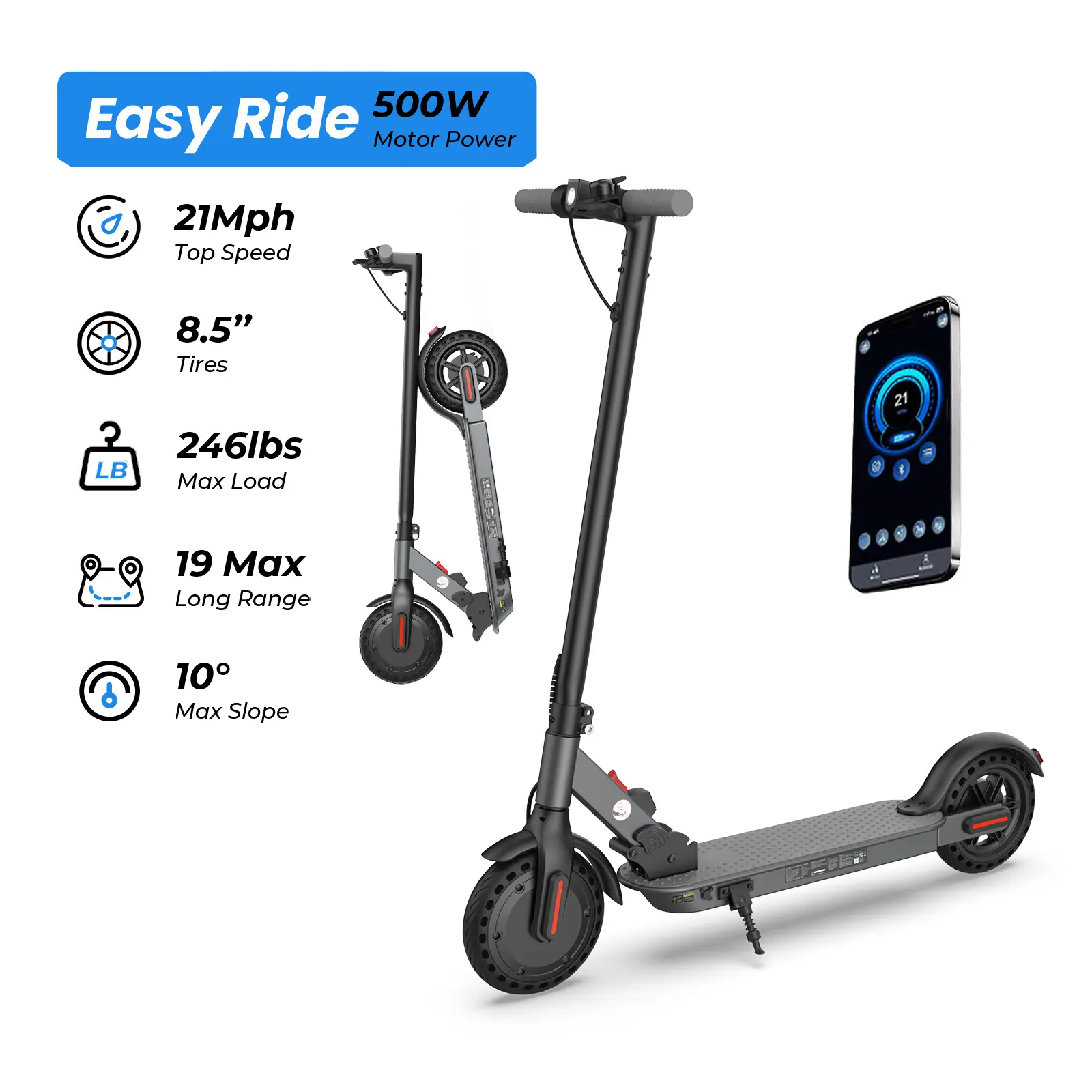 【Weeklydeals】E3C Electric Scooter, 500W/1000W Powerful Motor, 8.5"/10"Tires, 28Mph/21MPH/18MPH, 37/19/12 Miles Max Range, Dual Braking E-Scooster for Adults/Teens