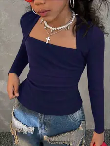 Girls' solid color knitted long sleeved Fitted base top, casual and comfortable, simple and versatile, can be worn inside or outside, Womenswear