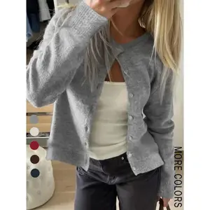 Women’s solid-color round-neck button-front long-sleeve knit cardigan, Y2K casual versatile sweater for fall and winter — KnitwearGARMENTARY