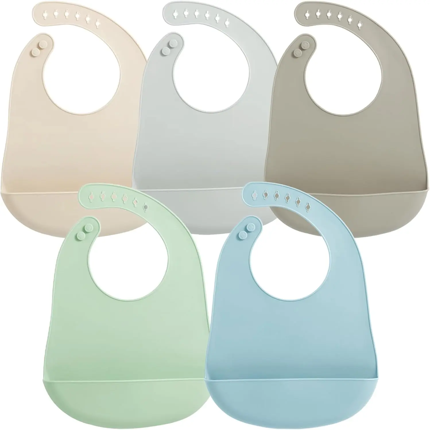Summer Spring Gift 5 Pack Waterproof Silicone Baby Bibs| Super Thin Light Weight Feeding Bib with Food Catcher Pocket for Toddler