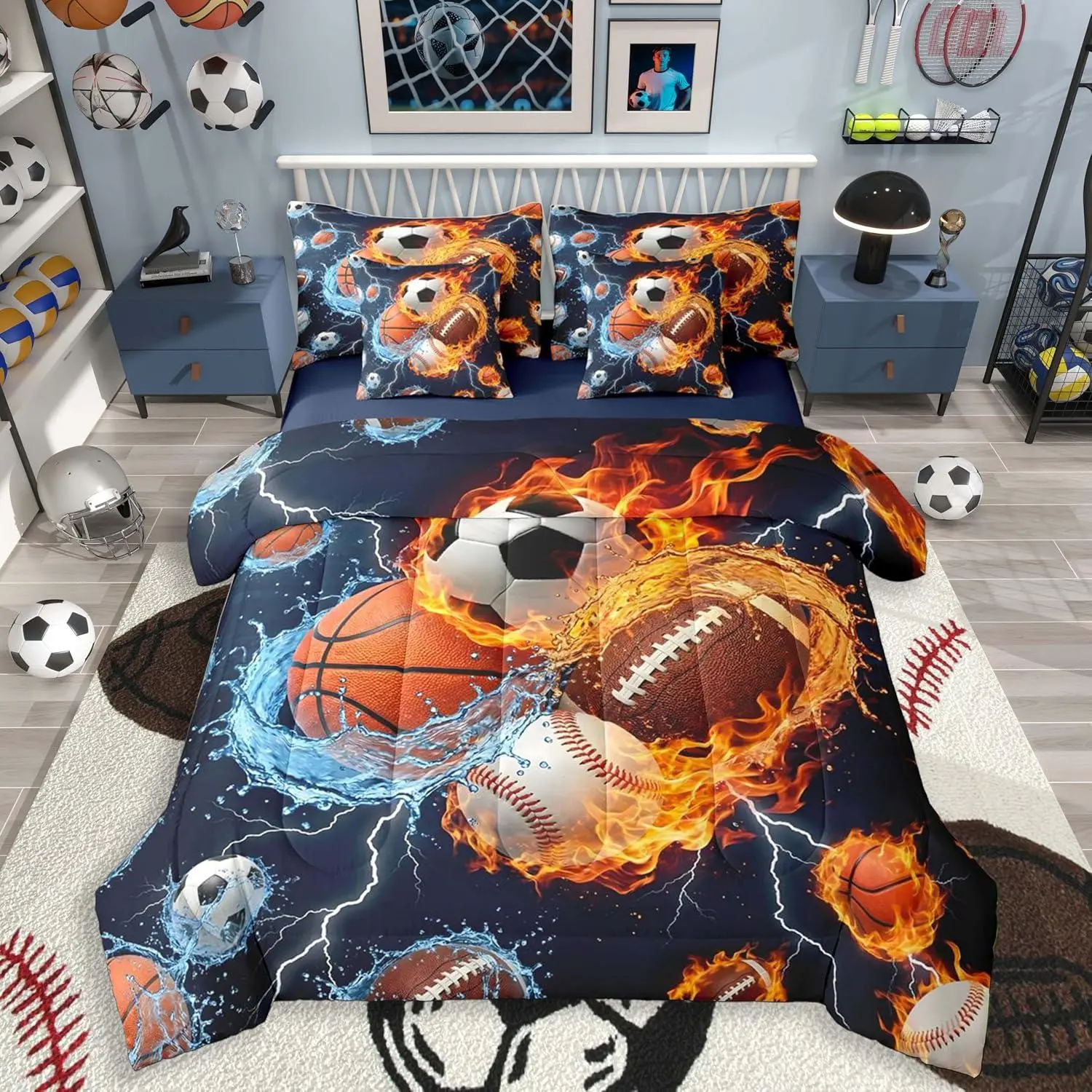 Sports Comforter Set with Sheets 7 Piece Football Bedding Set Sports Room Decor Baseball Soccer Basketball Bed in a Bag Fire and Water Design Soft