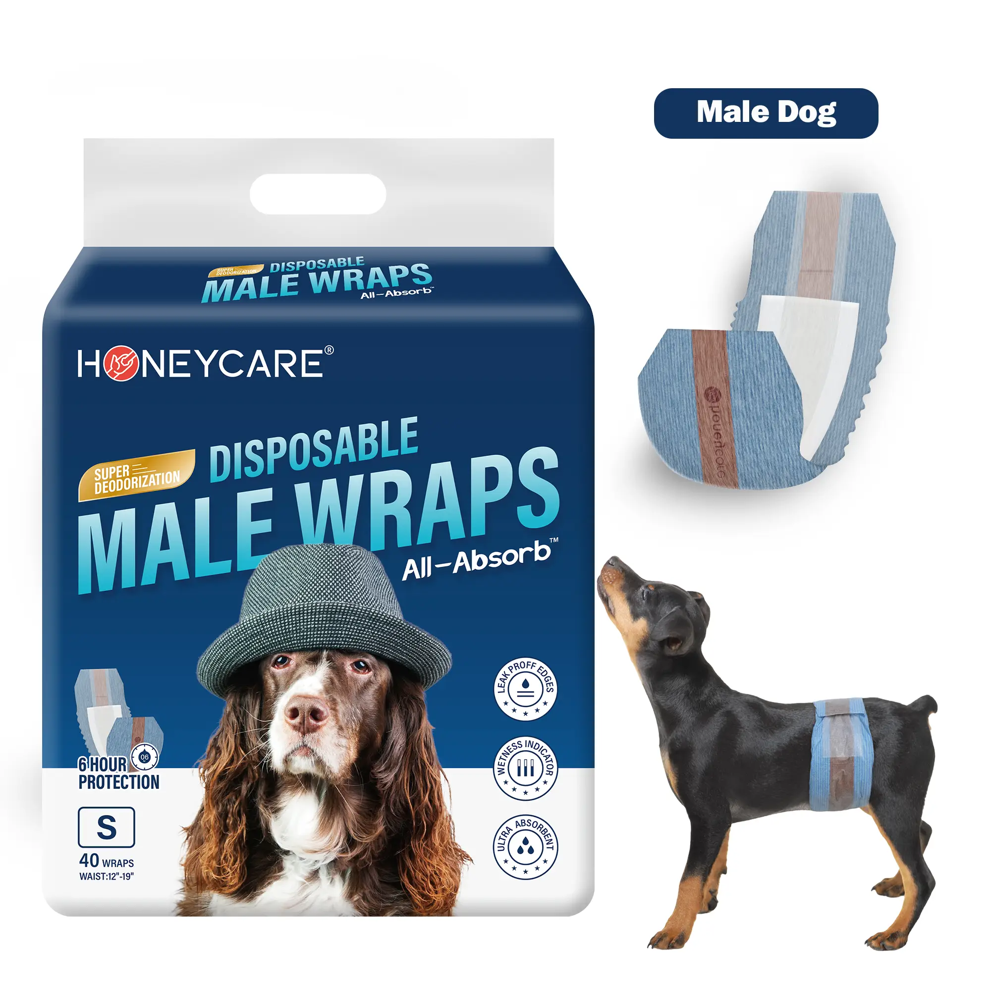 HONEYCARE : Disposable Female Male Dog Diapers Wraps,Super Absorbent,Breathable,Wetness Indicator,Cute Suspenders Design Pet Products,1 Pack
