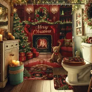 1/4 pcs Merry Christmas themed fireplace and bear shower curtain set, festive design, non-slip mat, U-shaped rug, toilet seat cover, perfect for bathroom decoration, partition, beautify the space, 12 shower curtain hooks included