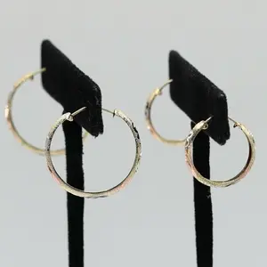 14K GOLD 3 Tone Heart Engraved Hoops with texture - 2 Sizes