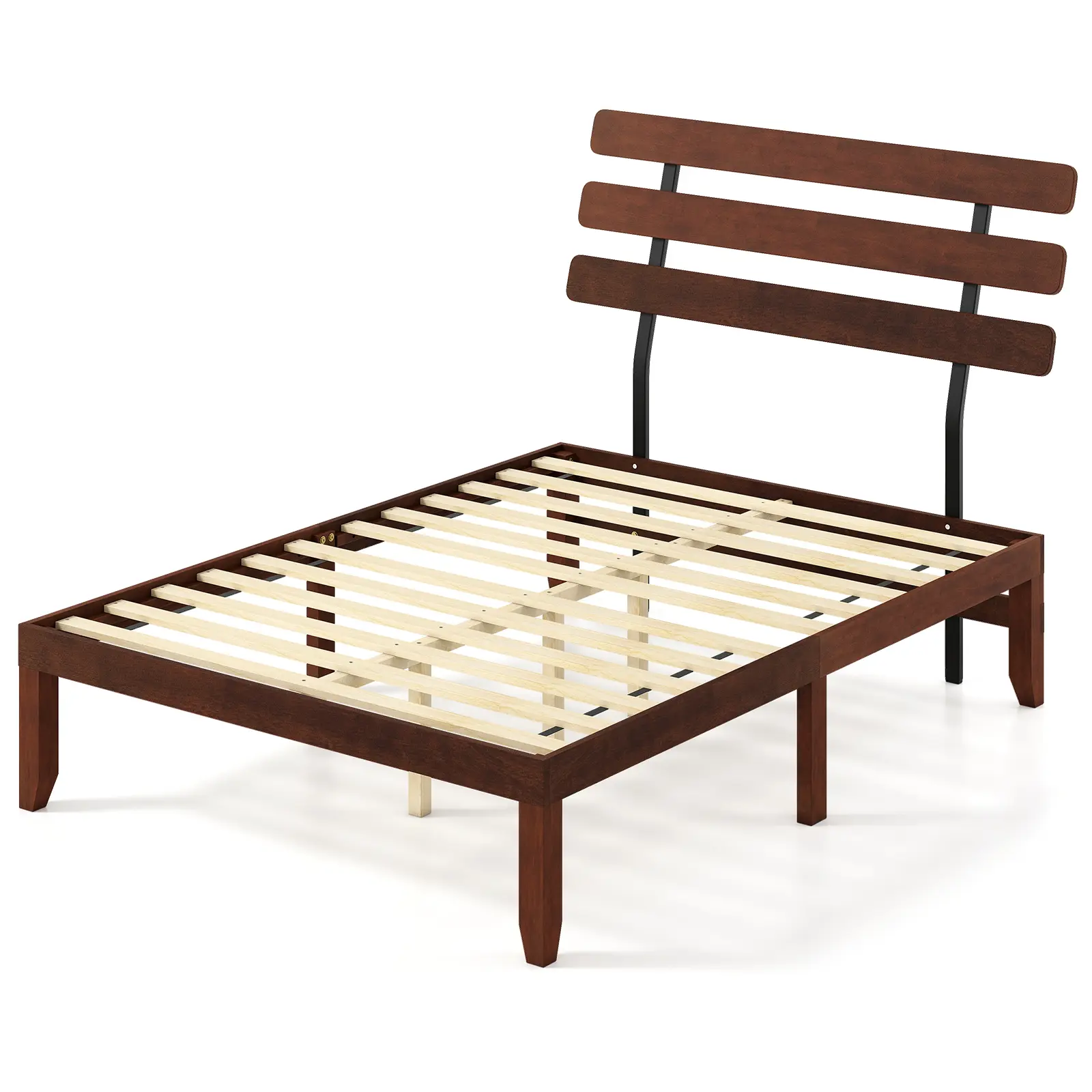 COSTWAY - Full Size Bed Frame 15.5 Inch Solid Wood Platform Bed with Retro Headboard