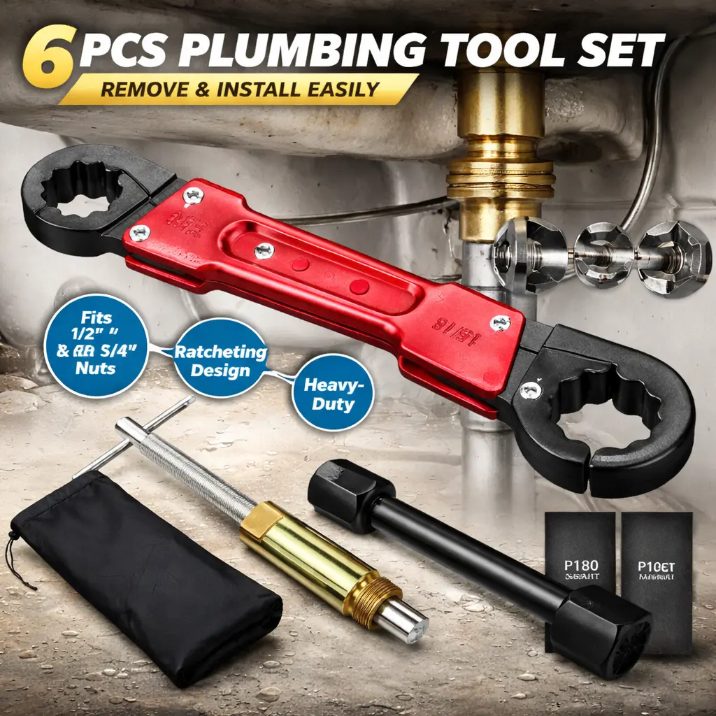 6-Piece Professional Plumbing Tools Kit - Dual Action Storage Bag, Angle Stop Wrench, 1/2-In Compression Sleeve Puller, Sandpaper for Frozen/Corroded Angle Stops, Faucet Maintenance, Six Pieces