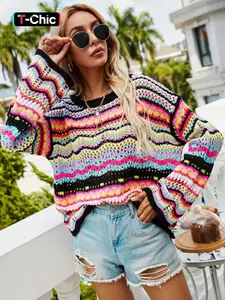 Women's Colorful Striped Print Hollow Out Drop Shoulder Knitting Sweater, Casual Long Sleeve Round Neck Jumper for Spring & Fall, Fashion Women's Knitwear for Daily Wear Womenswear Lady
