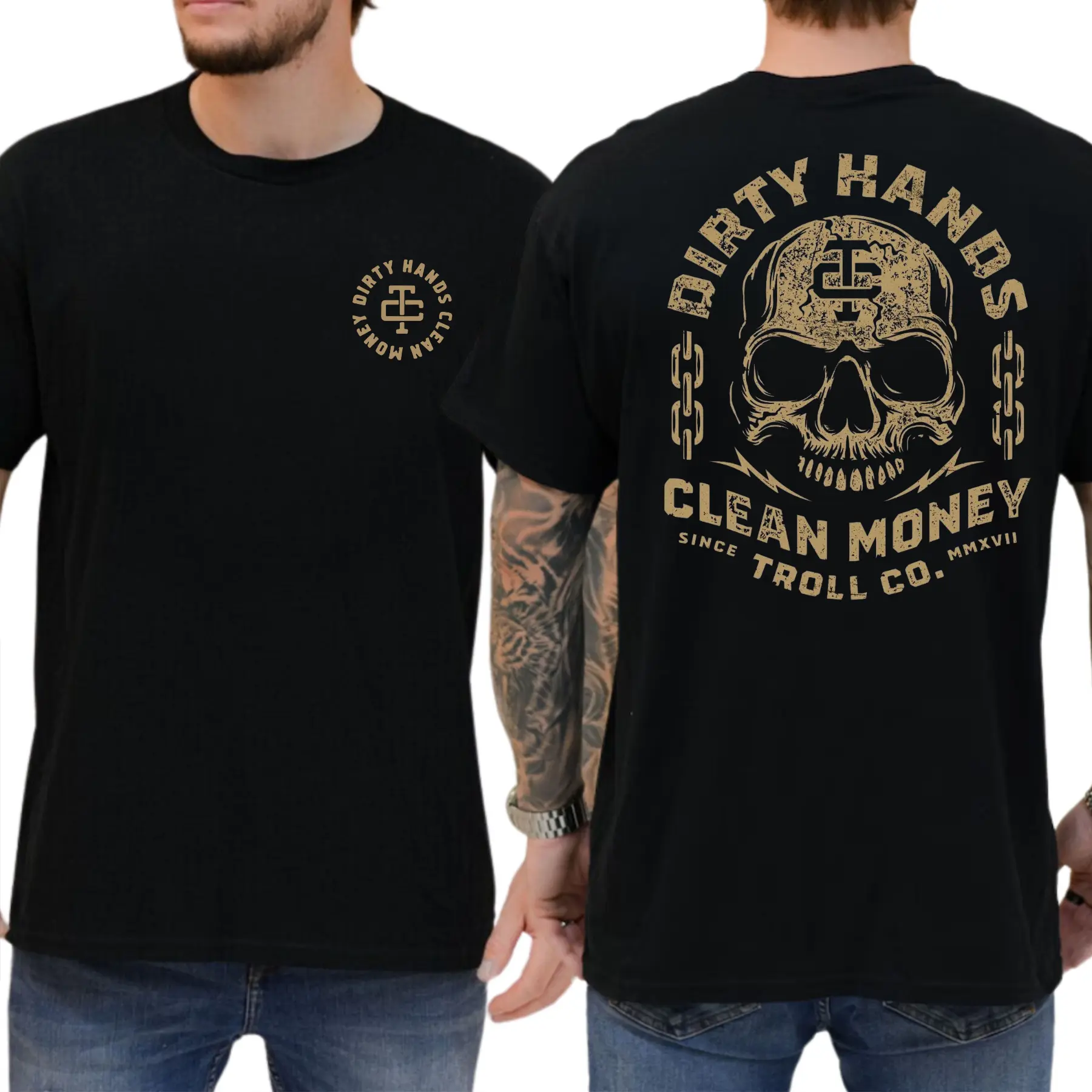 Dirty Hand Clean Money Golden Skull 2-Sides Graphics T-Shirt, Blue Collar Graphics Shirt, Graphics Tee For Working, Men's Gifts, Casual Menswear, For Men,mechanic