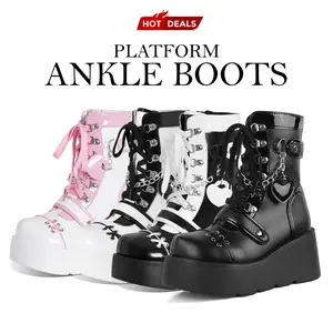 Womens Platform Ankle Boots Classic Round Toe Goth Rave Chunky Heels Lace Up Side Zipper Wedge Jennifers Body Heels Buckle Chain Punk Party Casual Festival Outdoor Motorcycle Dress Shoes