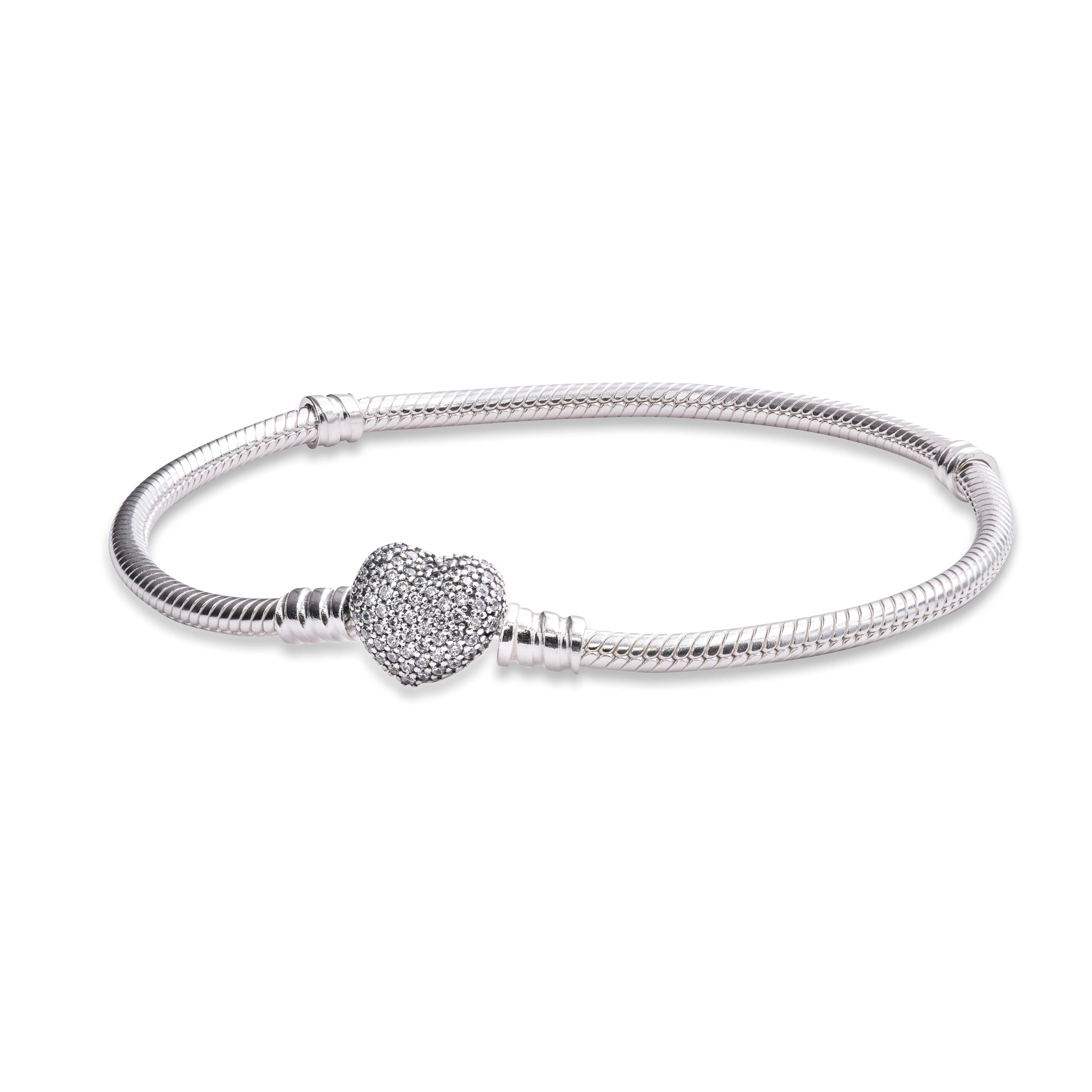 PANDORA Moments Silver Bracelet with Pave Heart Clasp - 590727CZ-19, Charms, Adults PANDORA Moments Silver Bracelet with Pave Heart Clasp - 590727CZ-19, Charms, Adults