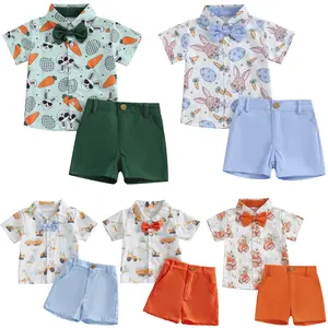 Babamoon Toddler Baby Boy Easter Outfits Carrot Rabbit Print Short Sleeve Button Down Shirt Top Solid Shorts Set Summer  2Pcs Clothes