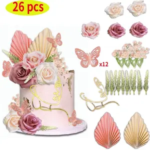 26pcs Flower Boho Cake Toppers Butterfly Cake Decor Acrylic Minimalist Art Lady Face Cake Toppers with Palm Leaves Artificial Vintage Purple Pink Flowers for Women Birthday Wedding Party Supplies