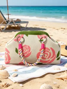Women's Knitted Handbag, Rose Print Tot Bag with Colorful Woven Handle, Cute Floral Top Handle Bag, Ideal for Beach and Daily Use