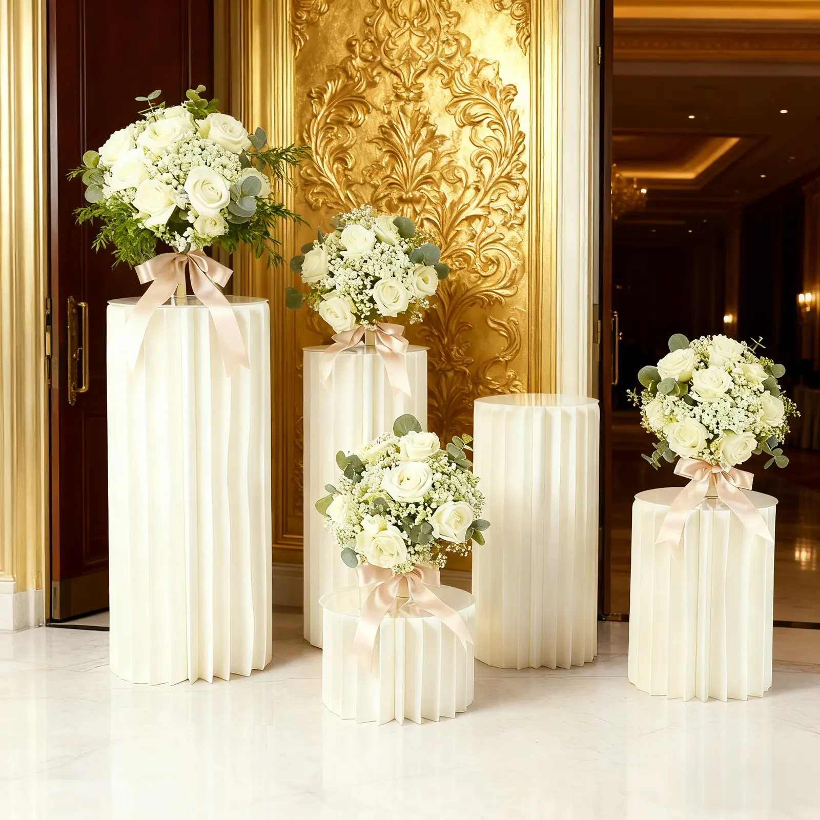 5-Piece Geometric Matte Honeycomb Cardboard Cylinder Flower Stand Set - Transparent Round PVC Tops, 2mm/0.08inch Thick, 110 lbs Load Capacity Each, DIY Backdrop Pedestals, 7.9in to 1m/3.3ft Tall, for Wedding Floral Decorations Centrepieces, Wedding Table,