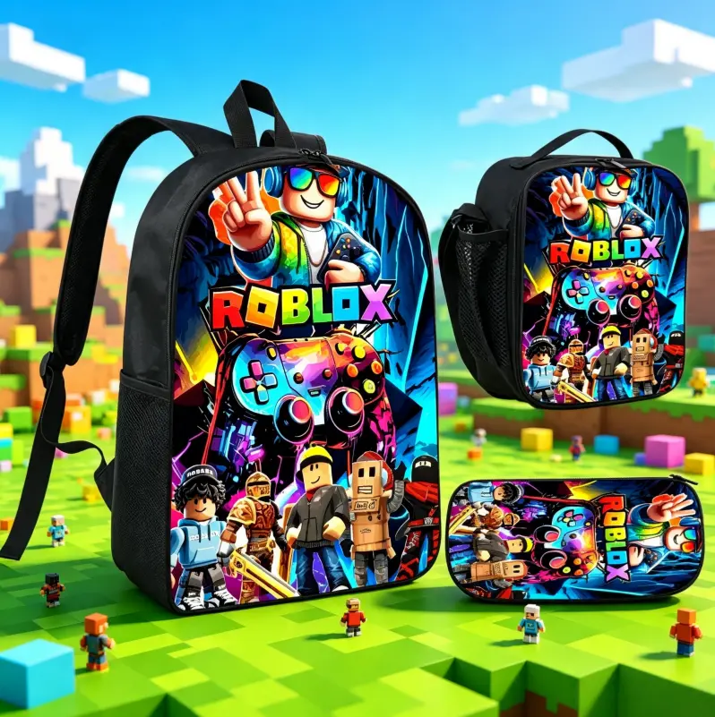 Roblox Themed 3-Piece Backpack Set, Colorful Game Characters & Controller Print School Bag + Lunch Bag + Pencil Case, Oxford Cloth Adjustable Strap Daypack for Kids & Gamers