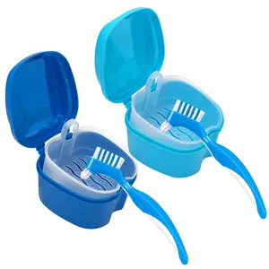 Denture Cleaner Box and Brush Set - 2 Pack Denture Bath Case with Basket + 2 Pack Denture Brushes, Portable Denture Retainer Storage Box, False Teeth Brushes for Oral Care-USA