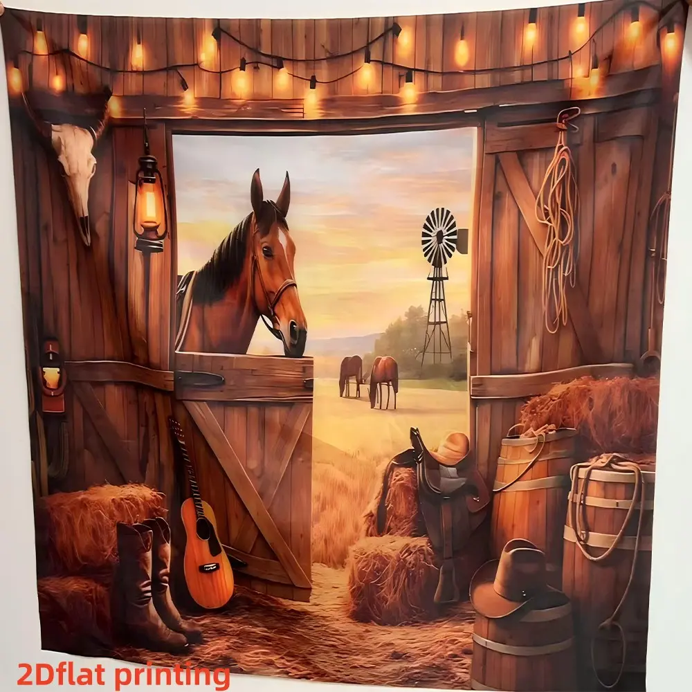2D flat 1pc Western cowboy barn wall backdrop fabric, retro ranch, wooden barn door, sunset grassland, horse, cowboy boots, guitar and string light elements, suitable for western theme parties, cowboy style birthday parties, multiple sizes available