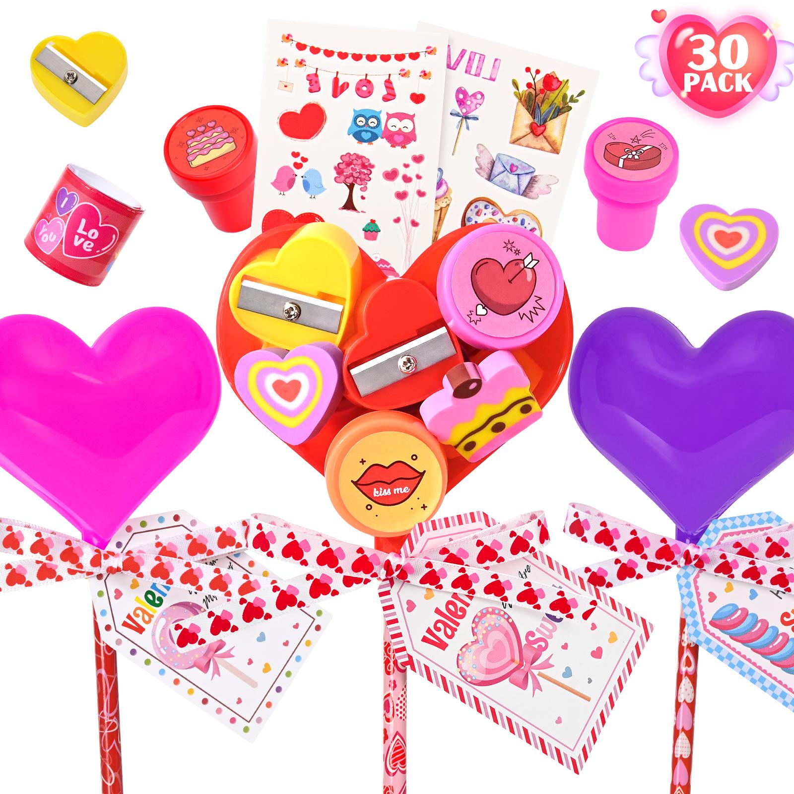 30 Pack Valentines Day Gifts for Kids - Glowing Heart Lollipop-Shaped Stationery Set with Valentine's Cards for School Classroom Class Party Favor Classroom School Exchange Birthday Party Gift