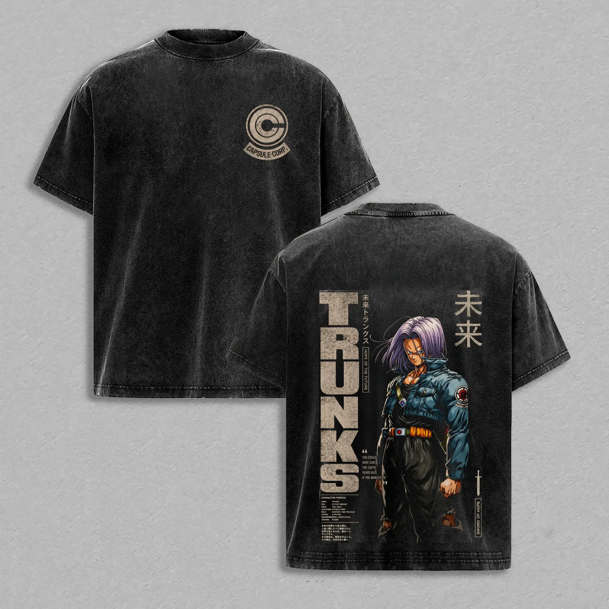 Menswear Oversized Vintage Washed Heavy Cotton Short Sleeve Tops - DBZ Future Trunks Capsule Corp Graphic Tee, Unisex Anime Manga Streetwear Fan Gift, Shortsleeve, Washed T-Shirt