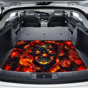Flame Skull Pattern Car Trunk Mat Anti-Slip Wear-Resistant Washable Universal Pet Mat for Car Interior Accessory Halloween Gift Safe Eco-Friendly All Weather Easy Setup Clean Up