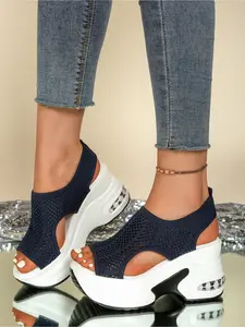 Women's Platform Sandals Elastic Breathable Fabric Thick Heel Sandals Summer Fashion Open Toe Sandals