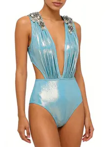 Women's Solid Color Deep V Neck Tie Side One-Piece Swimsuit, Casual Fashion Swimwear for Beach Holiday Vacation, Ladies Swimsuit for All Seasons