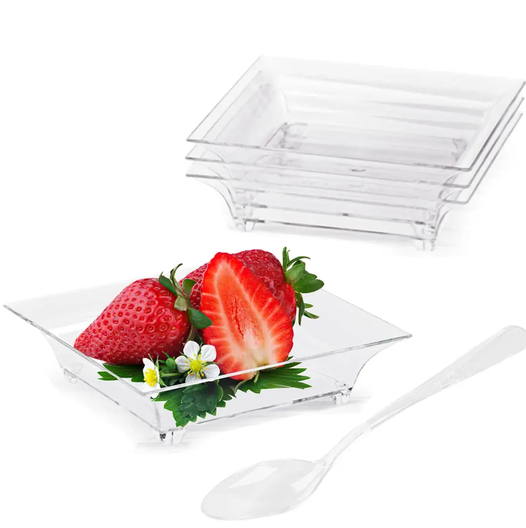 100 Pack Mini Flan Dessert Plates with Tasting Spoons, 2.5 Inch Small Reusable Clear Plastic Hors D'oeuvres Tiny Plates for Party Serving, Individual Appetizers