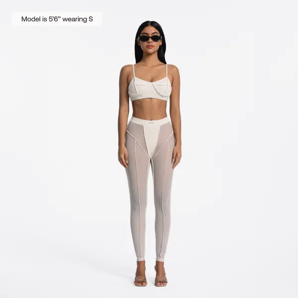 BetterMe Women's Ivory High-Rise Contouring Seam Construction Leggings - Lingerie-Inspired Semi-Sheer Nylon Second-Skin Mesh Tights for Yoga, Sports Layering, XS, Athleisure Wear, Women's Fitness Bottoms