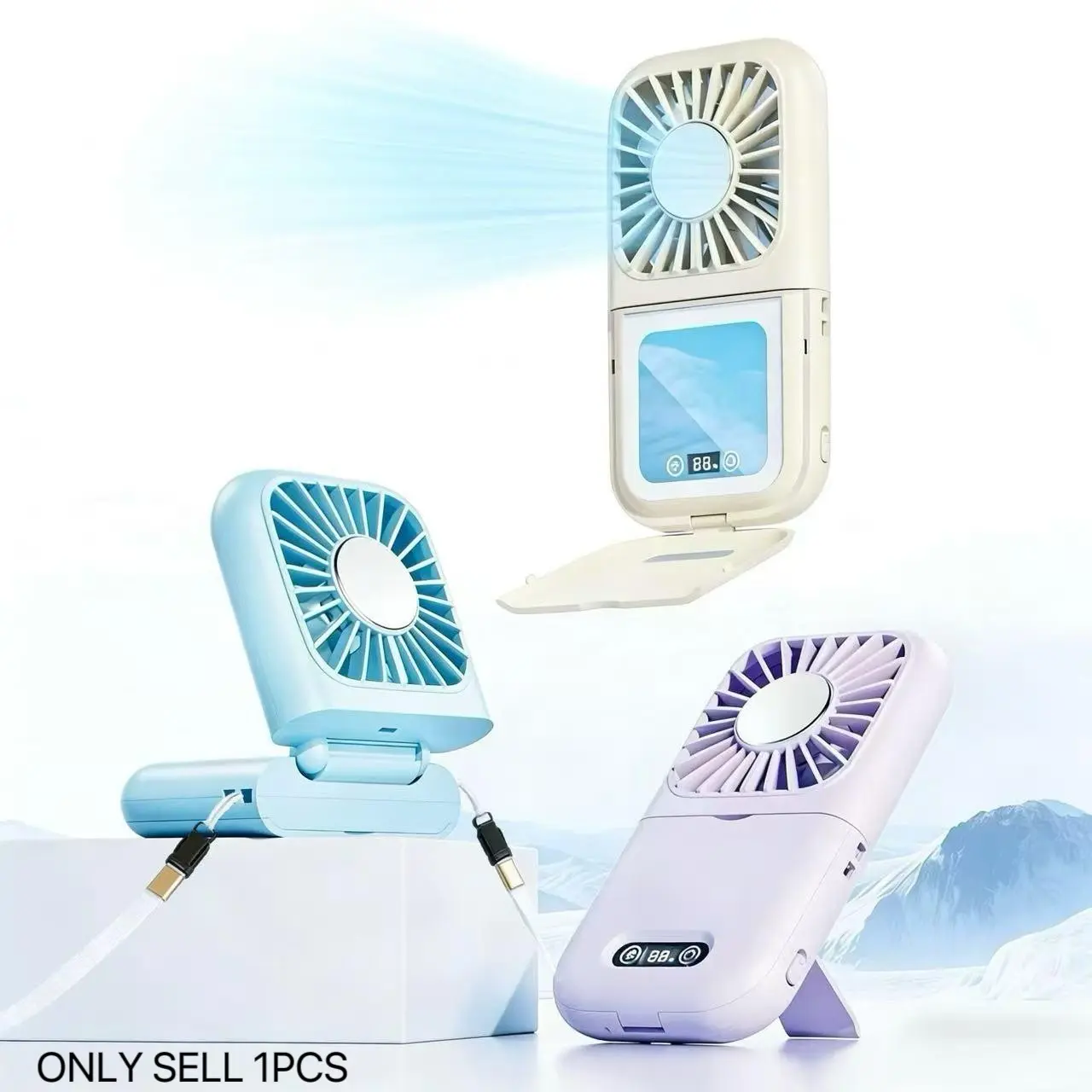 Portable Folding Fan with Makeup Mirror, 5 Speed Settings, 2000mah, Handheld Fan, Travel, Outdoor Cooling Fan, Workout, Work, Life, Birthday Gift, Valentine's Day Gift, Foldable Handheld Fan, Rechargeable Hand Fan, Multifunction Fan