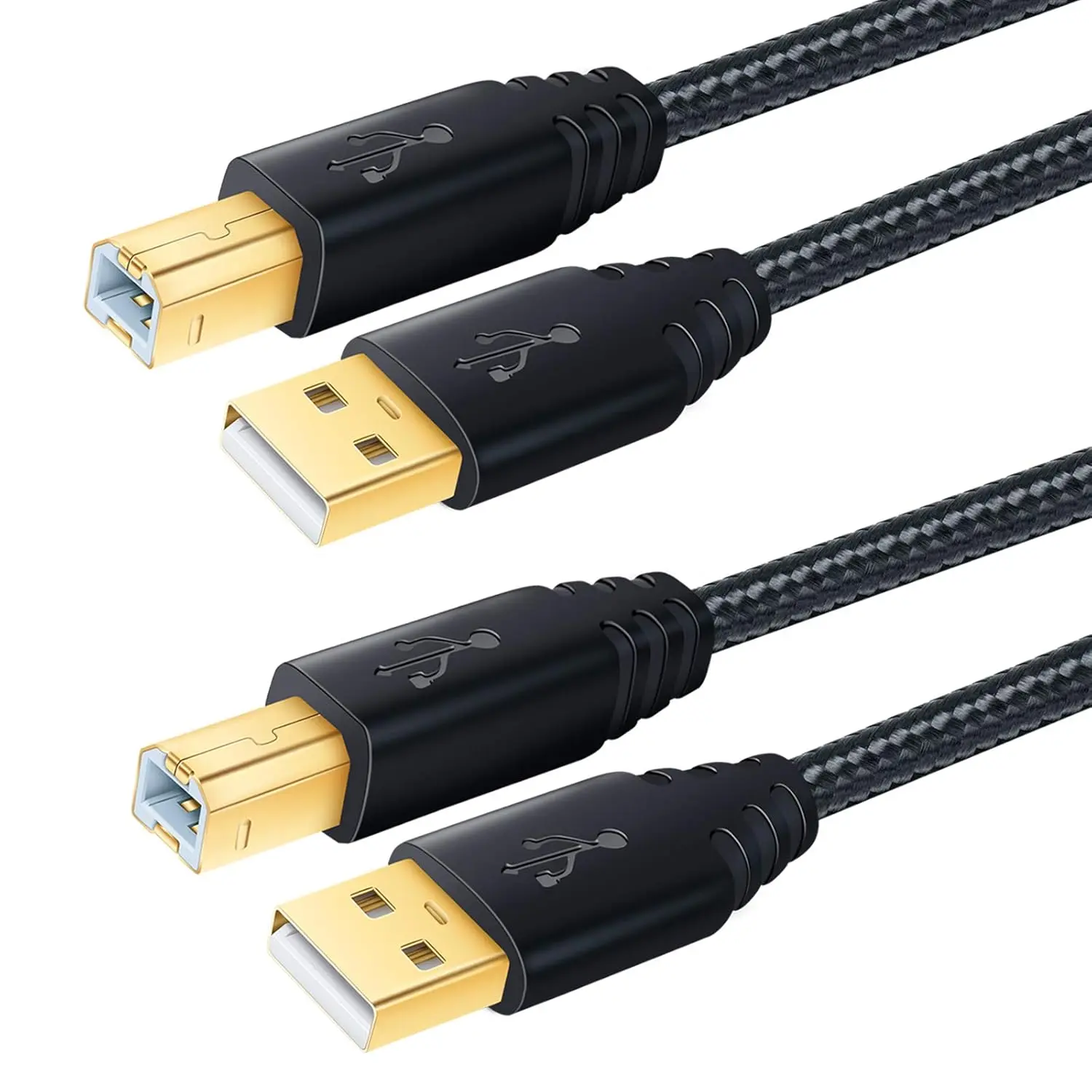 2-Pack 10FT USB 2.0 High-Speed A-to-B Printer Cables with Nylon Jacket, Durable Gold-Plated Connectors, Anti-Twisting Design for High-Speed Data Transfer, Compatible with HP, Canon Printers