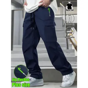 HIDKAT Menswear Plus-Size Men's Loose Fit Cargo Pants - Activewear, Sportswear, Athletic, Lightweight, Drawstring Waist, Zip Pockets, Large Patch Pockets, Letter Detailing - Suitable for Outdoor, Daily Casual Wear (Spring, Summer, Autumn)