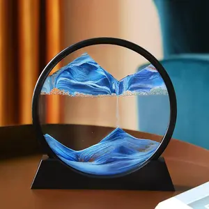 7 Inch Blue Round Moving Sand Art, 3D Liquid Motion Glass Picture, Sensory Relaxing Kinetic Desktop Ornament for Home & Office Decor, Indoors