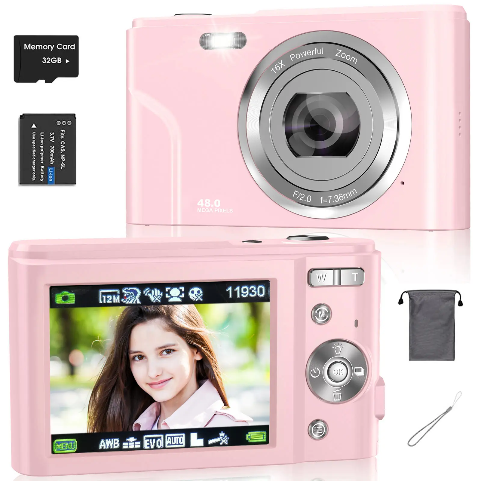 Auto Focus Digital Camera, Full HD 1080P/48MP Mini Camera with 16x Zoom for Teenagers Beginners, 32G Memory Card, Gift summerwins