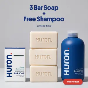 HURON Shower Set - Triple-Milled Bar Soap & Shampoo - Deep Clean, Hydrating, Fresh Citrus Eucalyptus Scent - 3 Soaps + 1 Shampoo Free - Lasts Up To 90 Showers