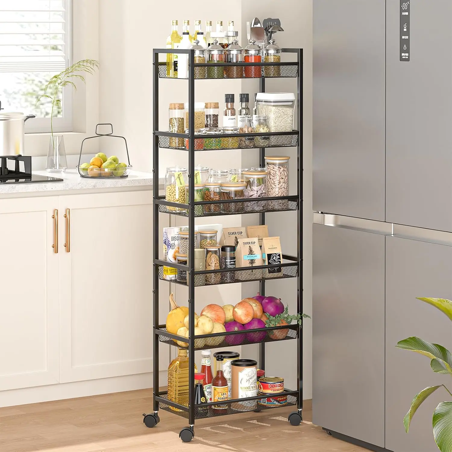 10in(W) Black 6-Tier Narrow Slim Rolling Storage Cart with Slide Function, Metal Wire Shelf Baskets, Wheels, Mobile Utility Organizer for Kitchen, Bathroom Storage