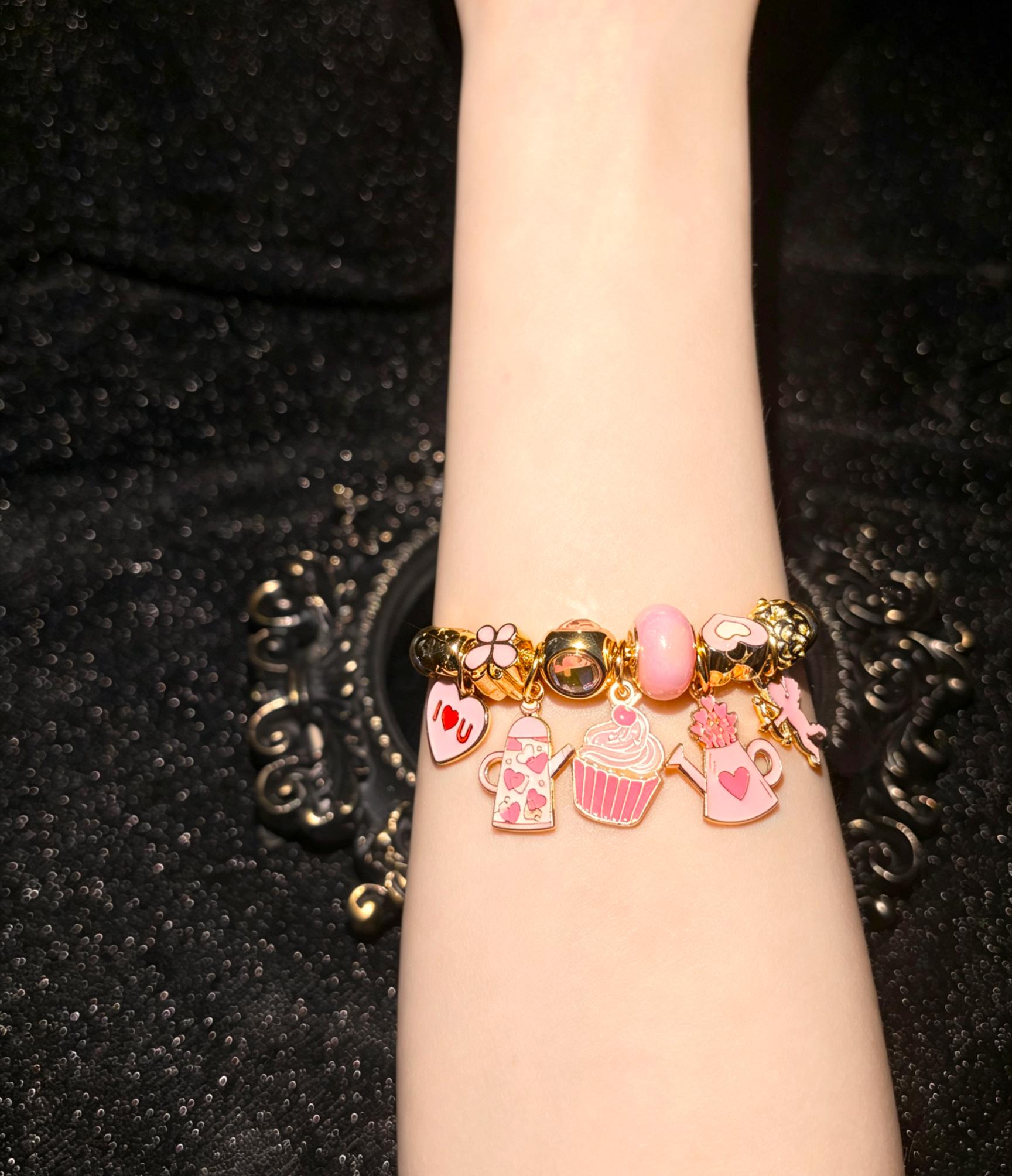 Women's Gold-Tone Charm Bracelet - Adjustable Costume Jewelry with Sweet Pink Cupcake, Teapot Beads & Romantic Heart Angel Pendant, Gift for Women
