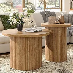 AMERLIFE Nesting Coffee Table Set of 2, Mid Century Modern Round Coffee Table, Wood Slat Side Table Set for Living Room, Office, Balcony