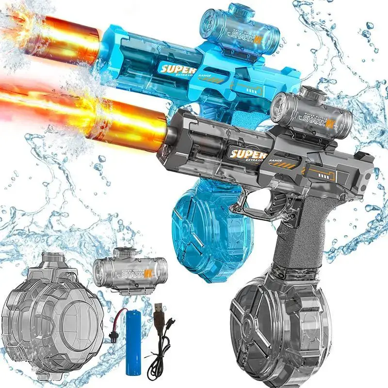 Rechargeable Powered Electric Switch Control Led Light Water Blaster with Strong Spray Watergun Toy Play 28-32 Ft Range Squirt Full Auto Beach Toy Gun Kids Soaker Pool Fight Game Child Water Gadget Outdoor Summer Party Gifts