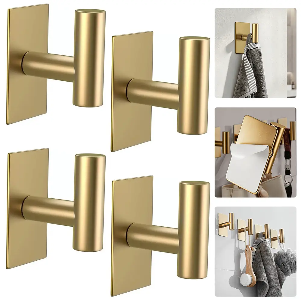 4-Pcs Stainless Steel Adhesive Wall Hooks - Heavy Duty Hanging Hooks, No Drilling, Strong Adhesion, High Loading Capacity, Easy to Clean, Suitable for Bathroom, Bedroom Ceramic/Glass/Marble Surfaces