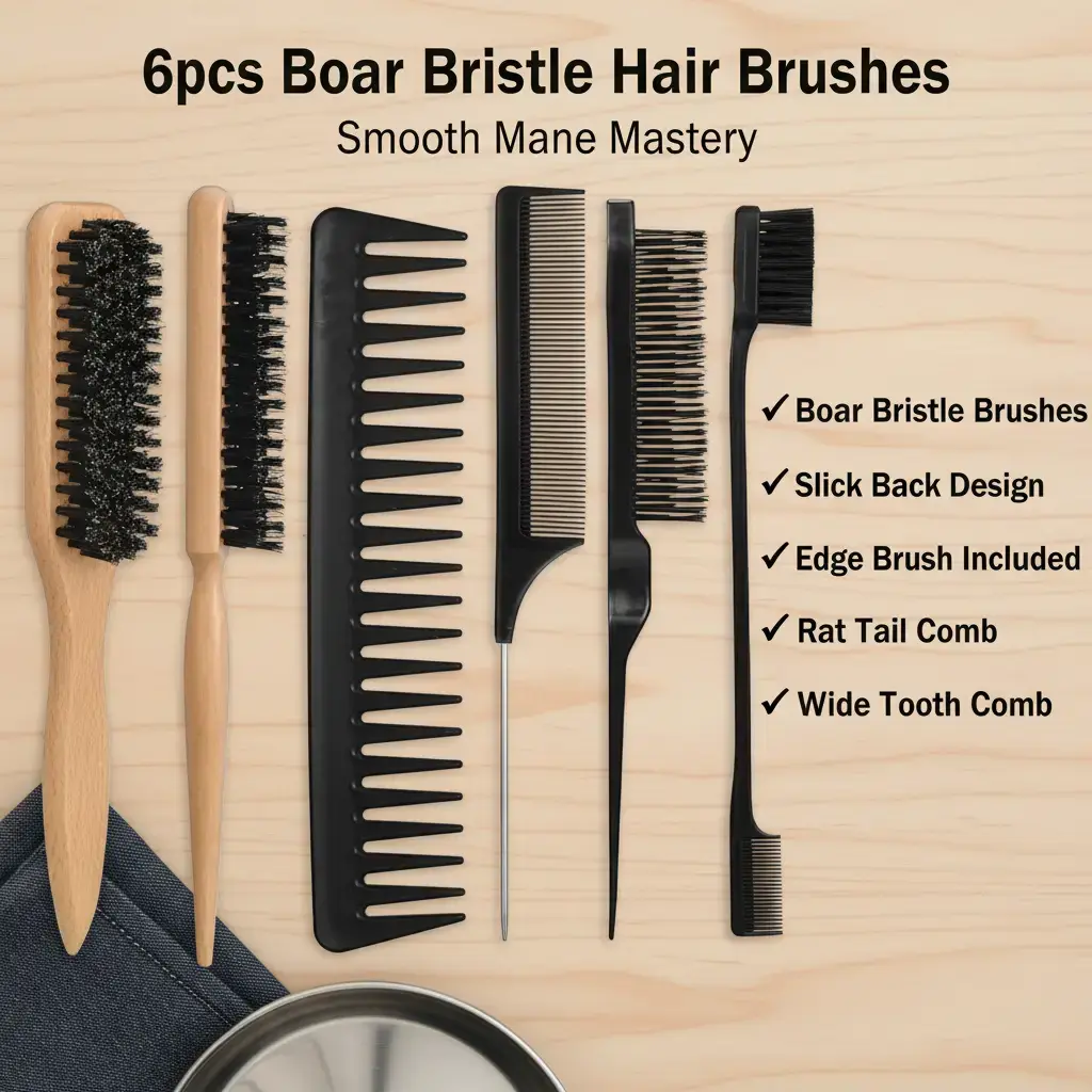 6PCS Durable Hair Styling Set - Boar Bristle Slick Back Tool, Edge Tool, Rat Tail Comb, Wide Tooth Comb, Easy to Clean, Multi-Size, Fits All Hair Types Including Curly, Ideal for Men/Women Stage Hairstyles