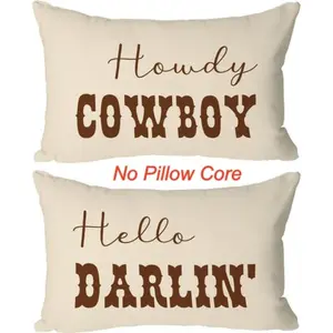 2pcs, Western Couple Pillow Covers - "Howdy Cowboy" & "Hello Darlin" Rustic Farmhouse Decor, Home Décor Products, Cushion Cover Decoration for Couch Sofa, Room Decor and Bedroom Decor, Single Sided Printing, No Pillow Core, Bedroom Decorative Accessories