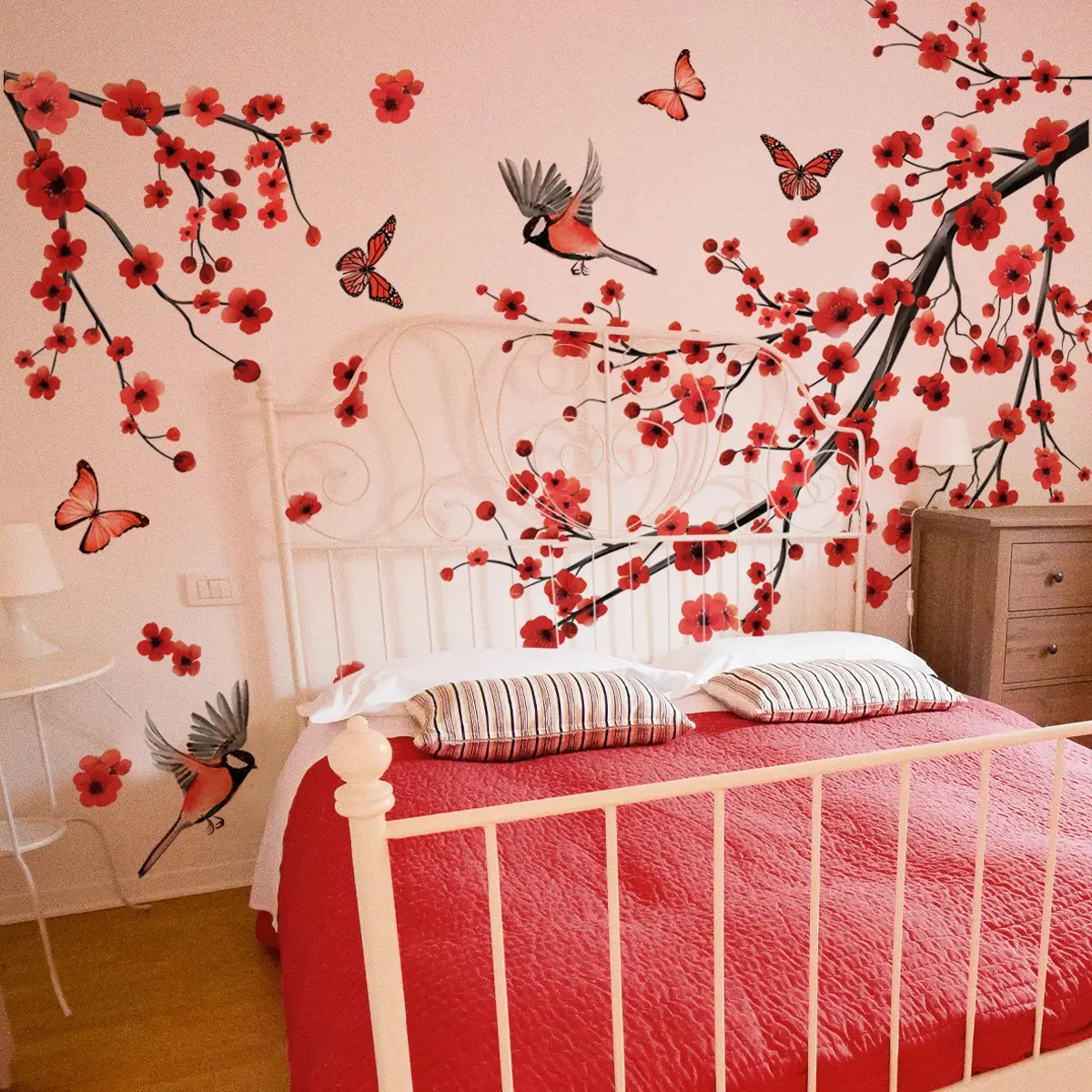 A set of two (30*90cm) spring decorative wall stickers, decals, butterfly decals, Decoration Items featuring red plum branches, birds and butterflies, suitable for decorating living rooms, bedrooms (MS7331-YC)