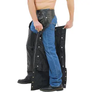 JAMIN LEATHER® Pocket Motorcycle Chaps w/Snap Out Quilted Lining - Heavy Economy Cowhide Leather, 4 Front Pockets, Adjustable Back Lacing, Sizes XS-5X